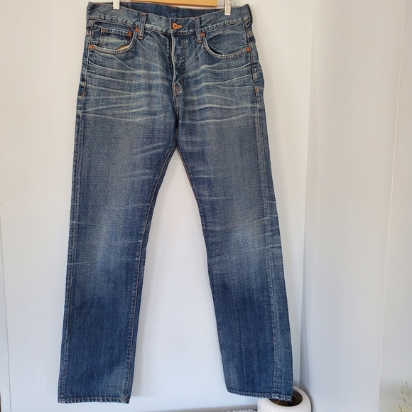 H&M Men 33x34 &Denim Straight Reg Button Fly Denim Jeans Whisker Distress Cotton - Picture 1 of 14